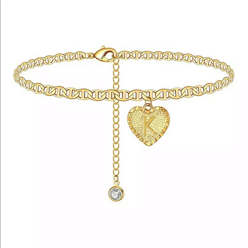 Gold K Letter Heart Initial Zircon Anklet Bracelet
